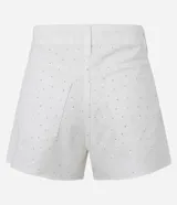 Short de mujer modelo mom de cintura alta, confeccionado en sarga de algodón. Presenta trabillas en la cintura, cierre tradicional, bolsillos y apliques de brillo.