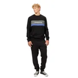 Buzo de cuello redondo Billabong, color negro, con franja horizontal en el pecho que combina tonos gris y azul, y el logo de la marca estampado en blanco.