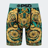 Calzoncillos tipo bóxer PSD con estampado de guepardo en tonos turquesa, negro y dorado. Cintura elástica turquesa con logo de la marca.
