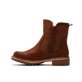 Bota corta de estilo casual, confeccionada en cuero sintético negro con textura granulada. Presenta un diseño de caña media con cierre lateral funcional y suela de goma dentada con detalle de costura visible en el borde.