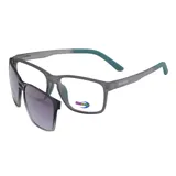 Lentes MDQ modelo Elan con sistema clip-on polarizado, armazón gris traslúcido y detalles en verde turquesa en las patillas.