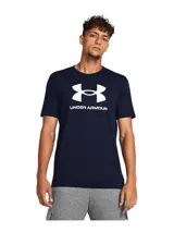 Remera de manga corta Under Armour, color azul marino, con cuello redondo acanalado y estampado del logo de la marca en el frente en color blanco.