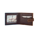 Billetera combinada en nobuck azul y cuero marrón, con presilla de cierre.