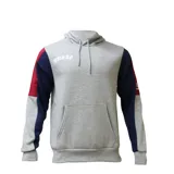 Canguro deportivo Umbro con capucha y cordones ajustables. Presenta un diseño en color gris con bloques de color en las mangas en tonos azul marino y rojo. Incluye bolsillo frontal tipo canguro y logo de la marca bordado en el pecho.