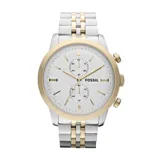 Reloj cronógrafo Fossil Townsman con caja de acero inoxidable en tono dorado y malla combinada en acero plateado y dorado. Esfera blanca con índices y agujas doradas.