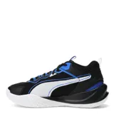 Championes de básquet Puma Basket Playmaker, con diseño de caña media. Presentan una combinación de colores negro, azul y blanco, con el logo de la marca en el lateral y la lengüeta. Confeccionados con una mezcla de malla textil y cuero sintético, cuentan con una suela de goma resistente y entresuela de espuma para mayor amortiguación.