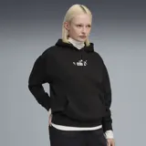 Buzo con capucha Puma, color negro, con bolsillo frontal tipo canguro y estampado gráfico de la marca con motivos florales en el pecho.