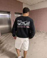 Buzo negro de cuello redondo y manga larga, de corte regular fit. En la espalda presenta un estampado gráfico en color blanco y rosa con la leyenda "Fletes" y el dibujo de una grúa transportando una planta.