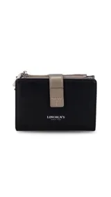 Billetera Lincoln's modelo Simona, color negro con detalles dorados, cierre de presilla con broche y compartimentos con cremallera.