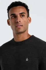 Sweater de punto color gris oscuro, con cuello redondo, manga larga y puños acanalados. Presenta el logo de la marca bordado en el pecho.