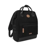 Mochila Cabaia modelo Adventurer Brighton, color negro de pana con detalles en cuero sintético. Tiene sistema MOLLE, compartimento acolchado para tablet o PC, correa para sujetar a la maleta y tirantes acolchados antitranspirantes.