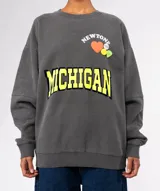 Buzo de algodón y poliéster color gris oscuro con lavado suave. Presenta un estampado frontal con la palabra "MICHIGAN" en amarillo con borde azul marino, y apliques decorativos en la parte superior, incluyendo un corazón naranja y pines.