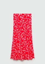 Falda midi de viscosa color rojo con estampado floral rosa, corte recto y cintura elástica.