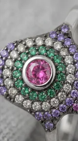 Anillo de plata 925 con diseño de mano de Hamsa, decorado con circonias en tonos verde, violeta y blanco, y una piedra central rosada.