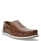 Mocasines de cuero color marrón tabaco, con diseño de costuras visibles y suela de goma bicolor con detalle gris.