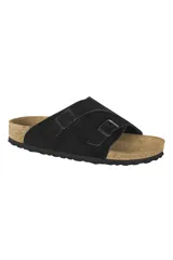 Sandalias Birkenstock Zürich con dos correas de ante negro y hebillas ajustables. La plantilla es de corcho y látex con forro de ante. La suela es de goma EVA.