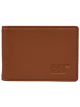 Billetera de cuero con diseño de doble pliegue, color marrón, con logo de la marca grabado en relieve en la parte frontal y costuras reforzadas en los bordes.