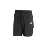 Shorts cargo negros con cintura elástica y cordón ajustable. Presenta un bolsillo lateral tipo cargo con el logo de Adidas (tres barras) en blanco.