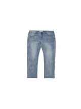 Pantalón jean de corte ajustado y tiro medio, color celeste con efecto deslavado, diseño clásico de cinco bolsillos y cierre frontal con cremallera y botón.
