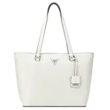 Cartera tipo tote bag Guess modelo Jillian de color blanco, confeccionada en material sintético con estampado en bajorrelieve del monograma de la marca. Cuenta con doble asa de hombro, herrajes metálicos plateados, un dije colgante con logo y placa triangular frontal con el logotipo de Guess.