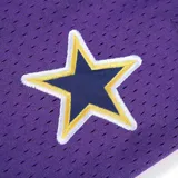 Short de básquet color púrpura con cintura y ruedo en amarillo y azul. Logo de Los Angeles Lakers bordado en el frente y estrellas en los laterales.