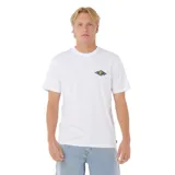 Remera blanca de manga corta con pequeño estampado geométrico en el pecho, de corte clásico y ajuste cómodo.