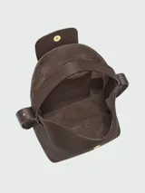 Cartera bucket de cuero marrón texturizado, con solapa frontal con cierre de botón a presión metálico dorado, asa corta superior y correa cruzada ajustable.