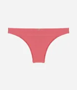 Bikini bombacha confeccionada en microfibra brillante color rosado, con detalle de pequeños adornos de madera en la cintura.