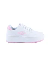 Championes urbanos Umbro modelo Milo-High para mujer, de plataforma, color blanco con detalles en rosado.