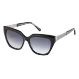 Lentes de sol Teresa Calandra modelo Milla, armazón negro estilo cat-eye con detalles plateados en las patillas y cristales degradados en tonos grises.