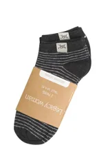 Pack de dos pares de soquetes tobilleros, uno gris con rayas horizontales blancas y otro gris con lunares blancos.