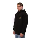 Canguro negro con capucha y cordones ajustables, bolsillo tipo canguro y puños y cintura acanalados. Estampado pequeño en el pecho con una palmera, el sol y el texto "La Isla".