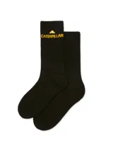 Medias de caña media Caterpillar de color negro, confeccionadas con tejido de algodón, poliéster y elastano. Presentan el nombre y logo de la marca bordados en amarillo en la parte superior del empeine.