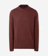 Suéter Marfinno masculino en tejido de punto pesado y liso, de color bordó, con cuello redondo y mangas largas con puños de ribana.