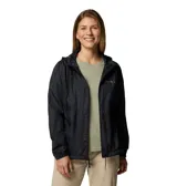 Campera cortaviento Columbia modelo Flash Forward II, color negro, con capucha ajustable, cierre frontal y bolsillos laterales con cremallera. Cuenta con tecnología Omni-Shield y protección solar Omni-Shade.