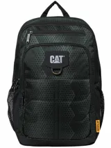 Mochila Caterpillar modelo Bennett de diseño urbano, color negro con estampado geométrico sutil. Cuenta con compartimento principal con cierre, bolsillo frontal con organizador y logo de la marca, bolsillos laterales de malla y asa superior.