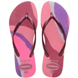 Sandalias tipo ojotas Havaianas modelo Slim Palette Glow para mujer, con diseño estampado de ondas en tonos rosados y morados, y tiras finas con acabado brillante.