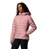 Campera técnica Columbia modelo Delta Ridge II, color rosa, con tecnología HeatSeal™ de construcción sin costuras y aislamiento de plumón. Cuenta con cierre frontal completo, capucha integrada y bolsillos laterales con cremallera.