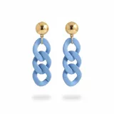 Aros colgantes con cabezal semiesférico dorado y estructura de eslabones de resina color celeste.