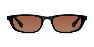 Lentes de sol unisex con montura rectangular negra y lentes marrones.