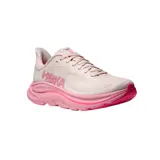 Championes de running Hoka modelo Clifton 10, de color rosa claro con detalles en fucsia. Presentan una suela con amortiguación de alto perfil y diseño ergonómico para mayor comodidad.
