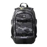 Mochila Rip Curl modelo Posse con capacidad de 33 litros, confeccionada en poliéster reciclado con estampado de camuflaje en tonos grises y negros. Cuenta con múltiples compartimentos organizadores, correas frontales ajustables para skate, bolsillo con forro polar para gafas, compartimento para notebook y panel trasero acolchado.