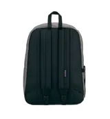 Mochila Jansport modelo Superbreak Plus, color gris liso, con un compartimento principal amplio y un bolsillo frontal con cierre. Presenta asa superior de tela y tirantes acolchados.