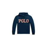 Hoodie de punto Polo Ralph Lauren de color azul marino, con capucha y cordón ajustable. Presenta el texto "POLO" en gran tamaño en el pecho en tono salmón y el logo bordado en la parte inferior derecha.