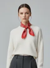 Pañuelo cuadrado de algodón reciclado, color rojo intenso con estampado paisley en blanco.