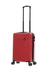 Valija chica de color rojo, con carro reforzado, cierre expansible, candado incorporado, ruedas dobles spinner 360 desmontables, sujeción y compartimiento interno. Fabricada en ABS y de 19 pulgadas.