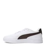 Championes Puma modelo Court Lally Feline, color blanco con detalles en animal print estilo leopardo en el lateral y talón, y logotipo dorado de la marca.