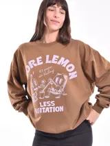 Buzo de cuello redondo y manga larga, color marrón, con estampado gráfico frontal en color lila que incluye texto y personajes animados.