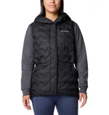 Campera híbrida Columbia con cuerpo acolchado negro de diseño sellado térmicamente y mangas de tejido gris tipo buzo. Cuenta con capucha, cierre frontal y bolsillos laterales.