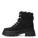 Botas de mujer estilo borceguí en color negro, con sistema de acordonado mediante ganchos metálicos y cuello acolchado. Poseen una suela track de plataforma robusta y están confeccionadas en material sintético.